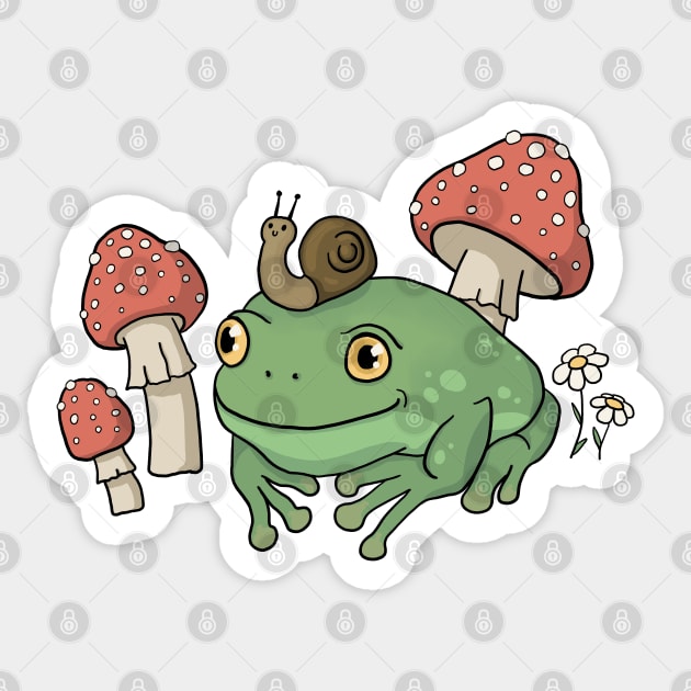 A Cute Cottagecore Aesthetic with a Frog Wearing a Snail Hat and Mushroom Sticker by Ministry Of Frogs